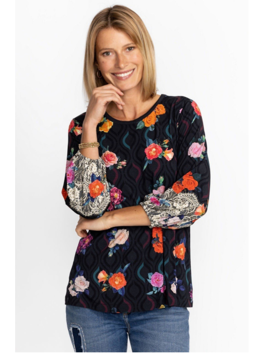 Johnny Was Rose Lace Puff Sleeve Top Black Floral Lace Trim Sz S Artsy Casual